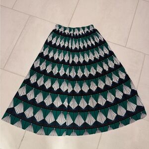 M+P+E Green Geometric Print Midi Skirt | Elastic Waist Statement Skirt | SMALL